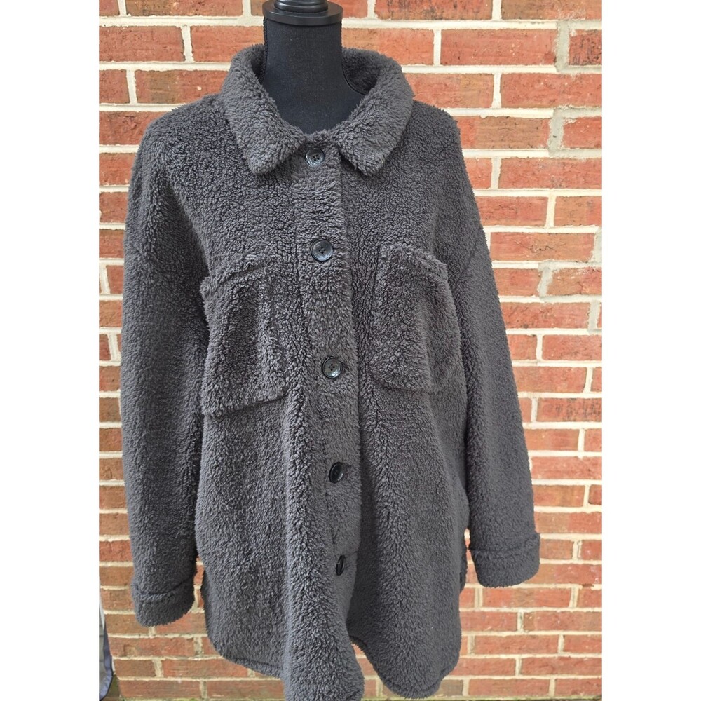 Maurices Womens 2X Charcoal Gray Sherpa Shacket Button Front Plus Size NWT